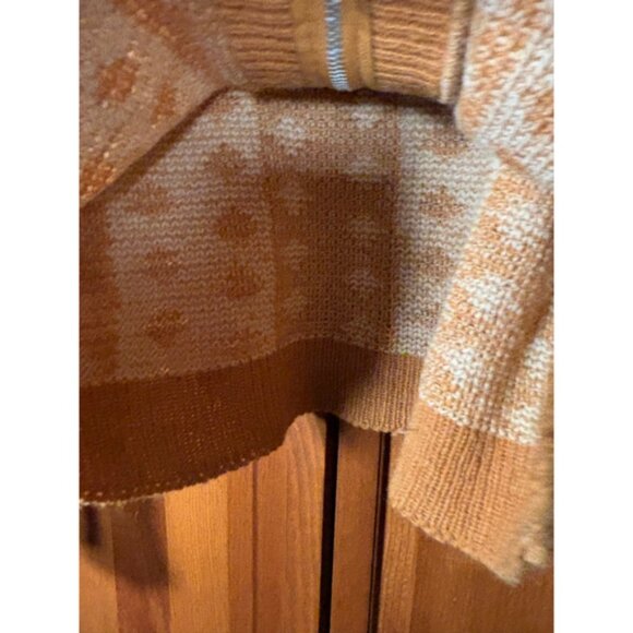 Vintage 70s Wool Knit Cardigan Zip Sweater Nordic Geometric Tan Cream XL - Picture 6 of 8